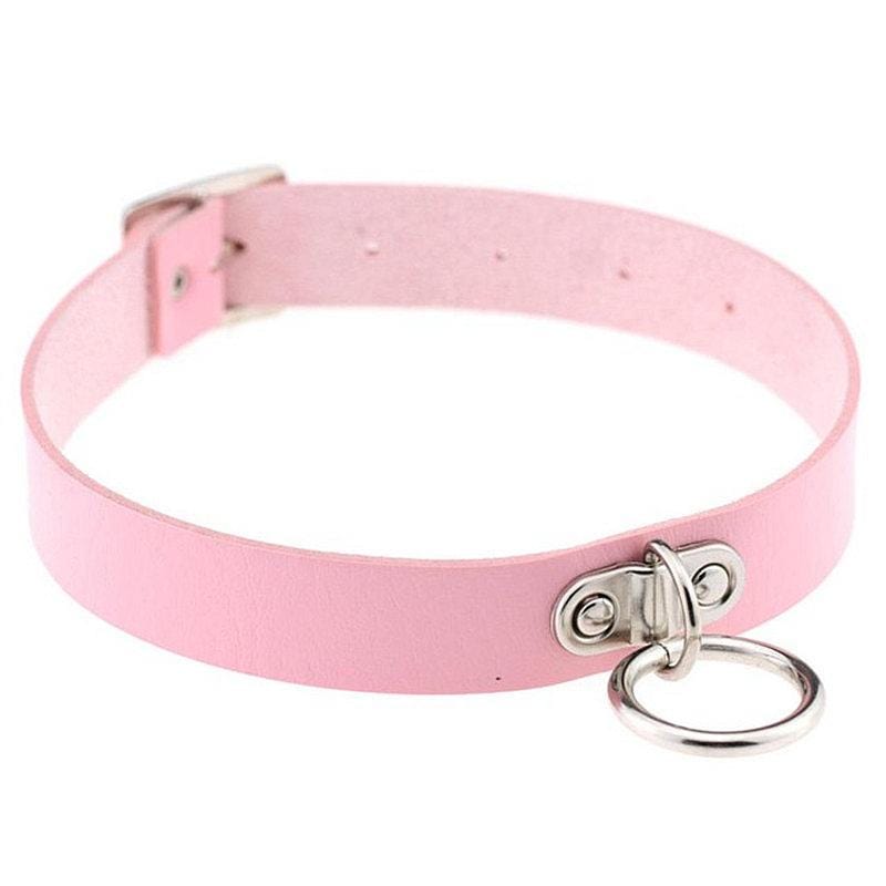 Kinky Cloth Necklace NO3 pink Dangle Ring Leather Choker