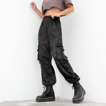 Kinky Cloth 200000366 Black / L Dragon Printed Baggy Black Cargo Pants