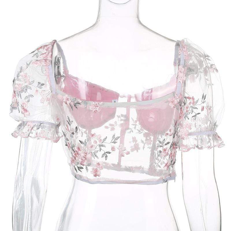 Kinky Cloth 200000346 Embroidered Floral Mesh Crop Top