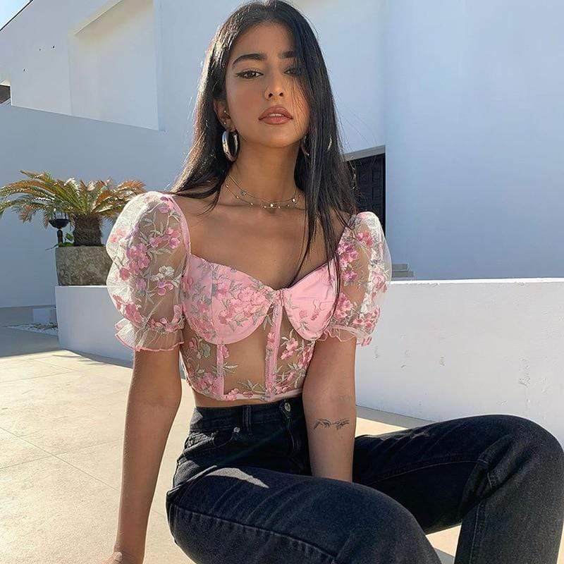 Kinky Cloth 200000346 Pink / S Embroidered Floral Mesh Crop Top