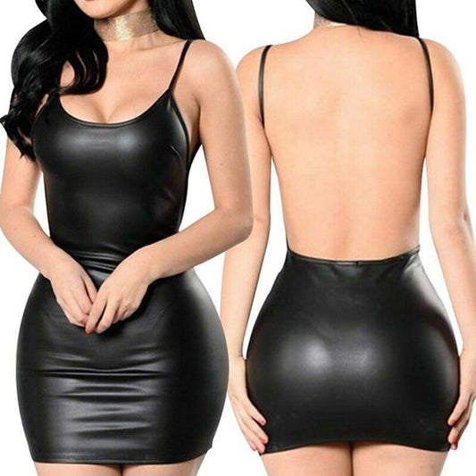 Faux Leather Backless Mini Dress