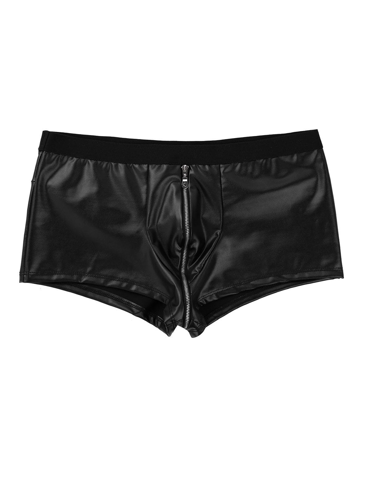 Faux Leather Zipper Boxer Shorts, Black Wetlook Zip Fitted
