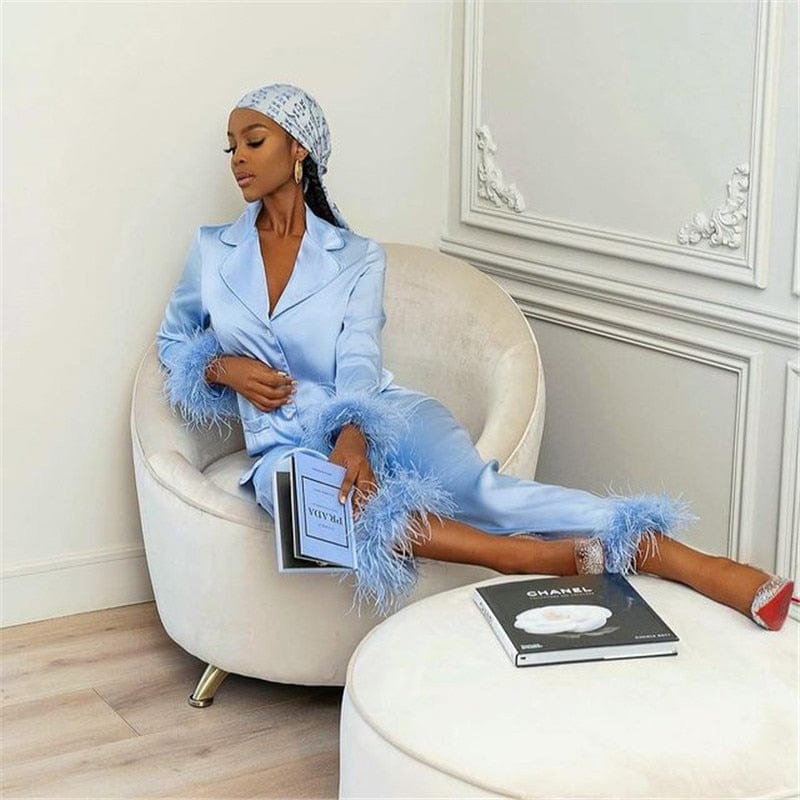 Kinky Cloth Blue / S Feather Satin Pajamas Set