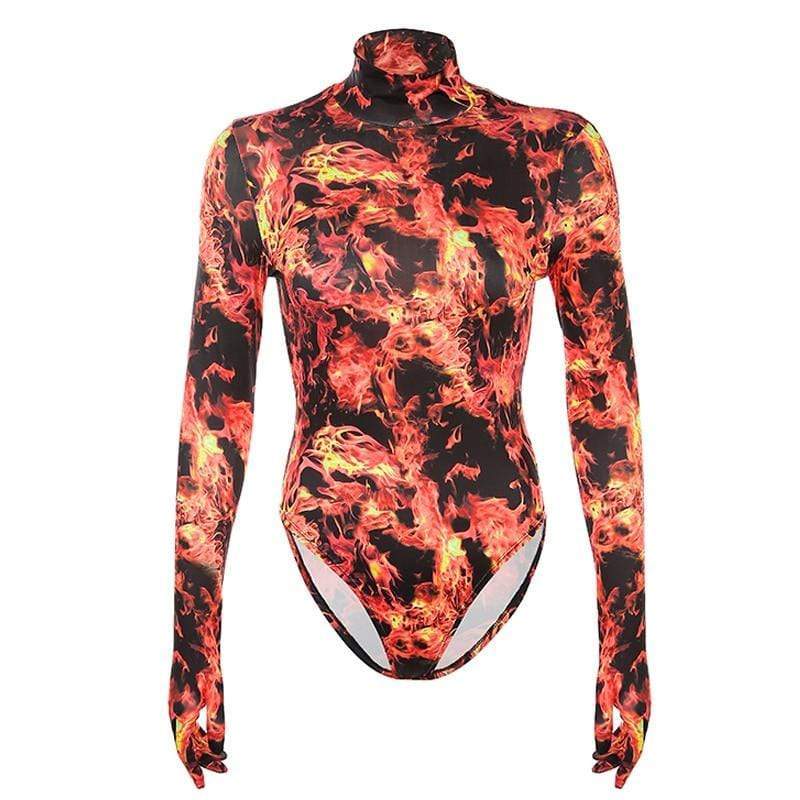 Kinky Cloth 201236202 Red / L Fire Flame Print Turtleneck Bodysuit