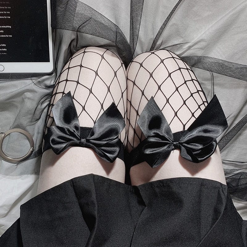 Kinky Cloth Black Fishnet / One Size Fishnet Bow Thigh High Stockings