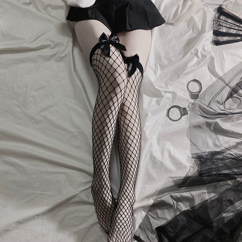 Kinky Cloth Fishnet Bow Thigh High Stockings