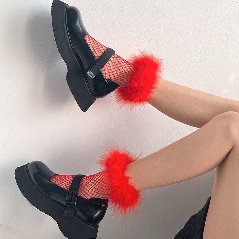 Kinky Cloth Red Furry Feather Fishnet Crew Socks