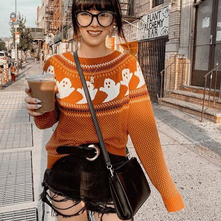 Kinky Cloth Orange1 / One Size Ghost Pattern Knit Sweater