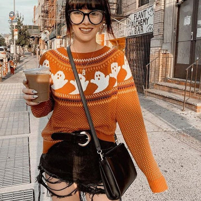 Kinky Cloth Orange1 / One Size Ghost Pattern Knit Sweater