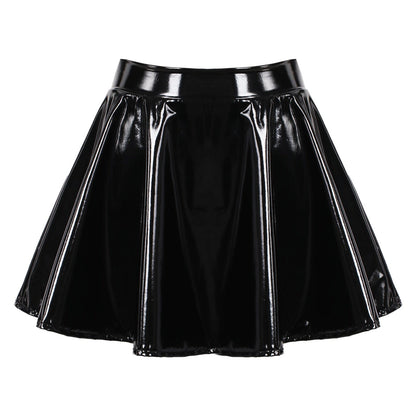 Kinky Cloth Black / S Glossy Leather Flared Mini Skirt