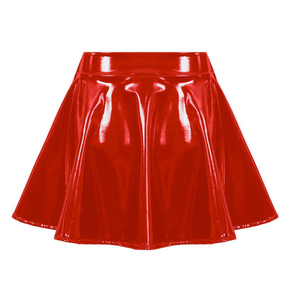 Kinky Cloth Red / S Glossy Leather Flared Mini Skirt
