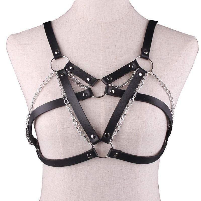 Kinky Cloth 200000162 Black Goth Leather Metal Chains Harness Bra