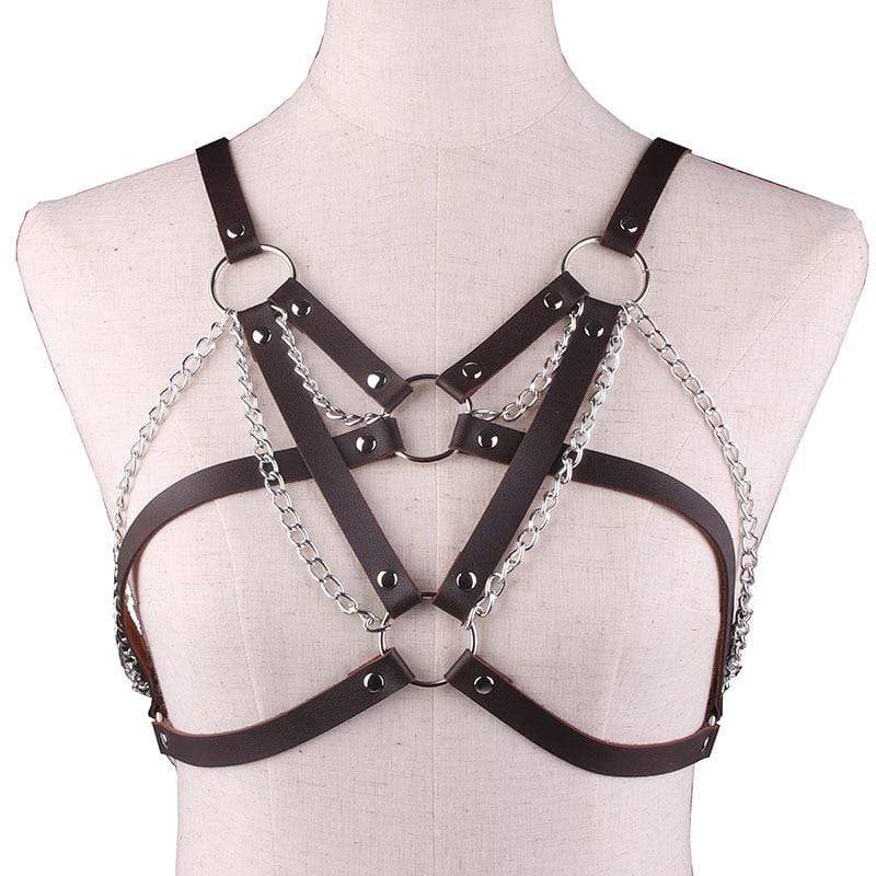 Kinky Cloth 200000162 Coffee Goth Leather Metal Chains Harness Bra