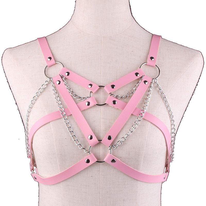 Kinky Cloth 200000162 Pink Goth Leather Metal Chains Harness Bra
