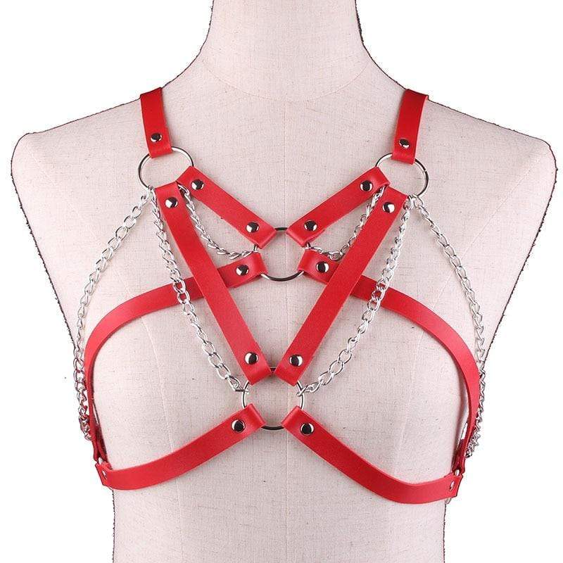 Kinky Cloth 200000162 Red Goth Leather Metal Chains Harness Bra