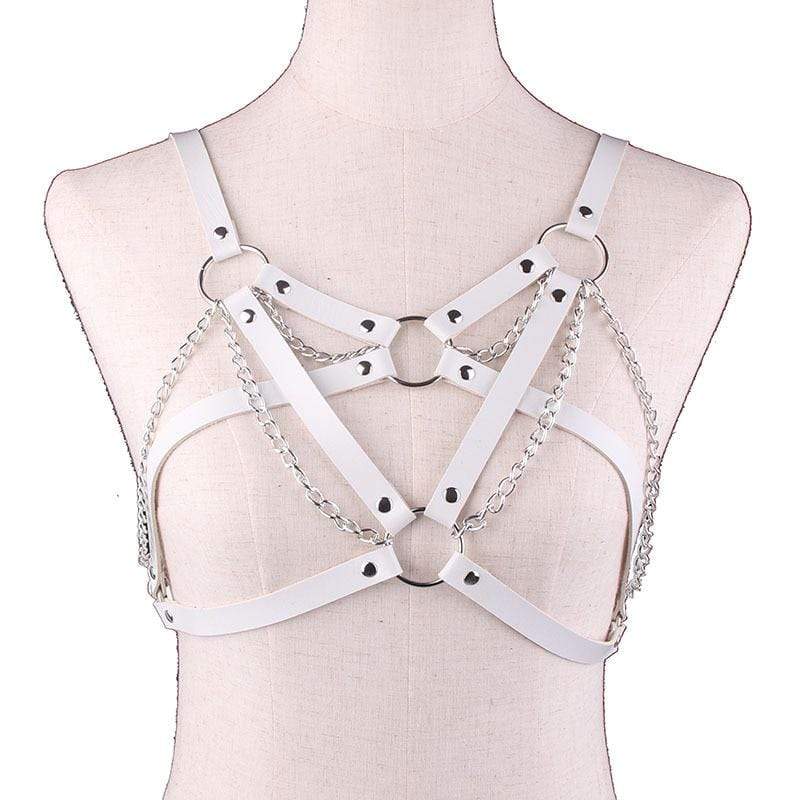 Kinky Cloth 200000162 White Goth Leather Metal Chains Harness Bra