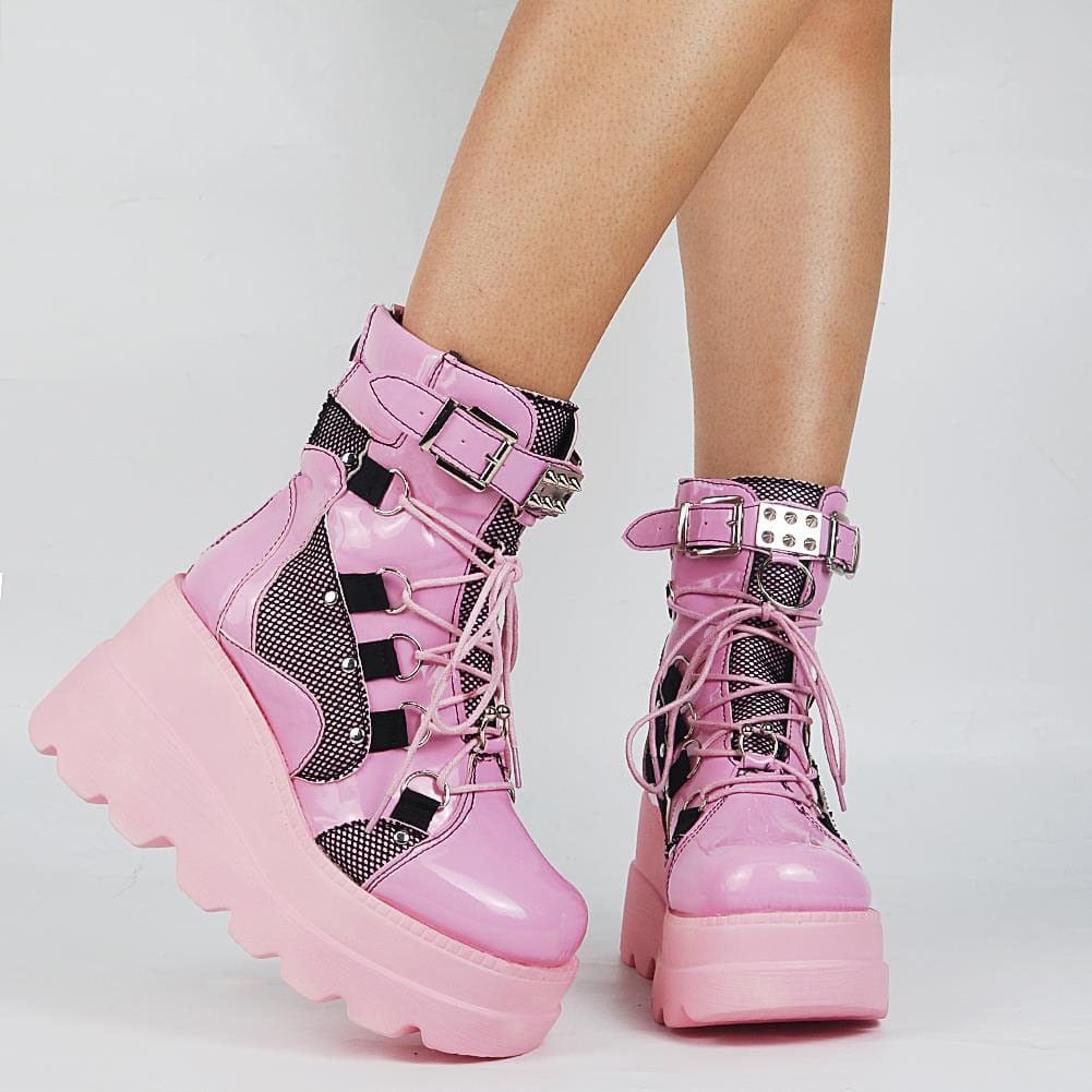 Kinky Cloth Pink / 5 Gothic Chunky Wedge Short Boots