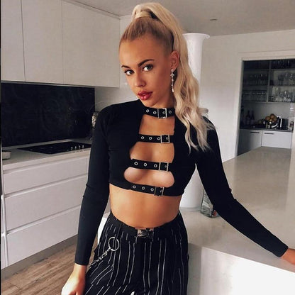 Gothic Long Sleeve Belted Crop Top