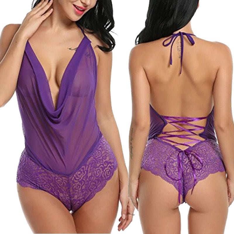 Kinky Cloth Purple / S Halter Lace Embroidery Teddies