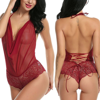 Kinky Cloth Red / S Halter Lace Embroidery Teddies