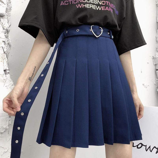 Kinky Cloth 349 Navy / M Heart Buckle Belt Pleated Skirt