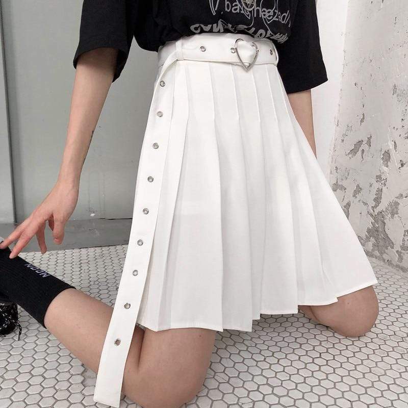 Kinky Cloth 349 White / M Heart Buckle Belt Pleated Skirt
