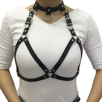 Fashion Punk Cupless Bra Top Leather Harness Belt Body Bondage Chest Straps Black Studded Rivet Cropped Top Chest Straps