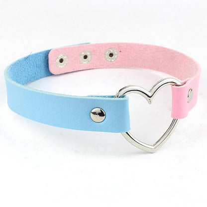Kinky Cloth Necklace pink blue Heart Leather Choker