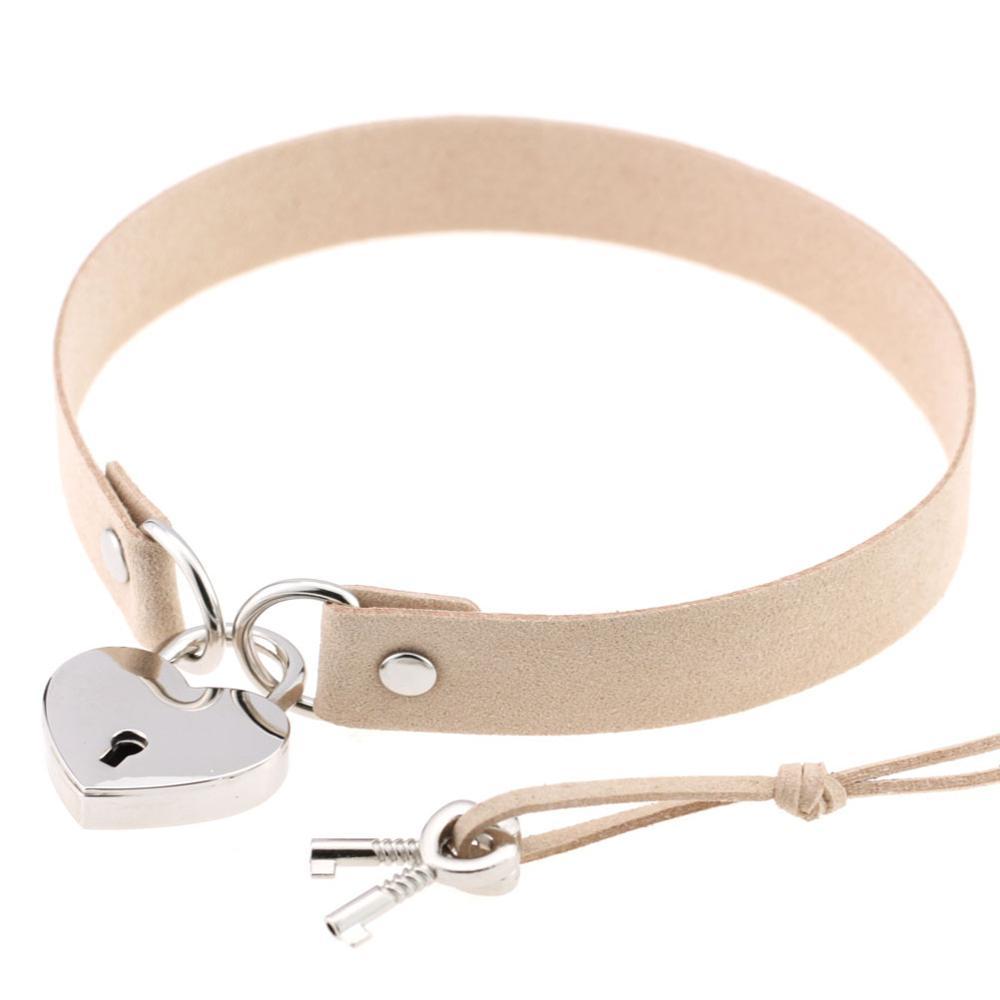 Kinky Cloth Necklace begie Heart Lock Collar with Key