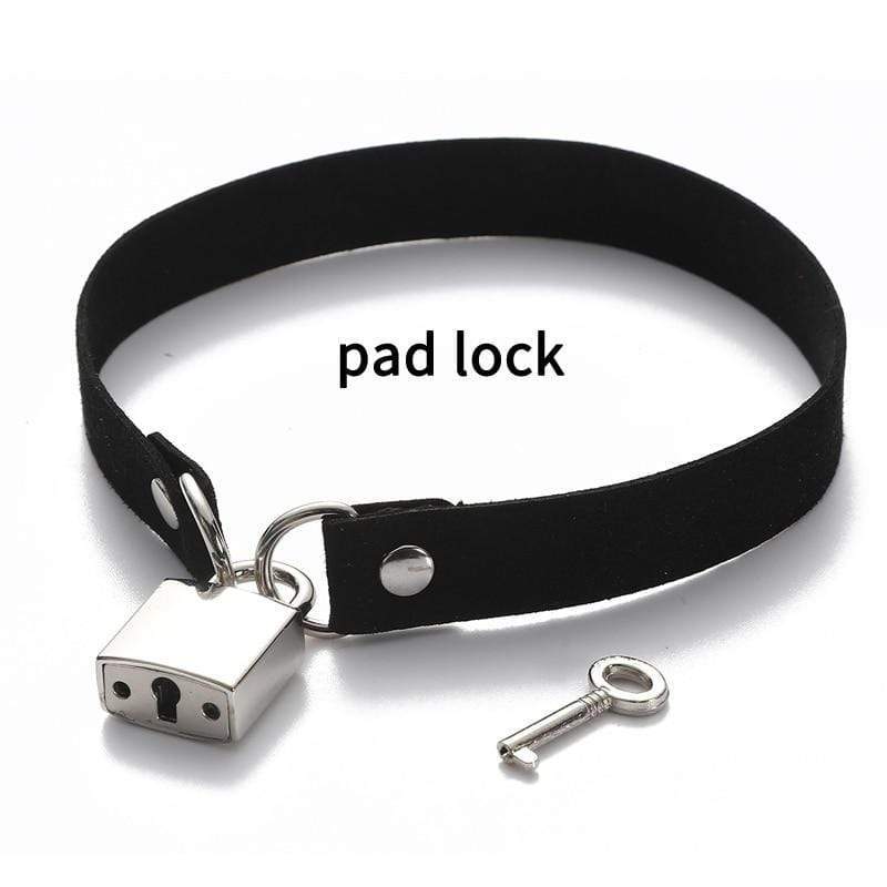 Kinky Cloth Necklace black-100013777 Heart Lock Collar with Key