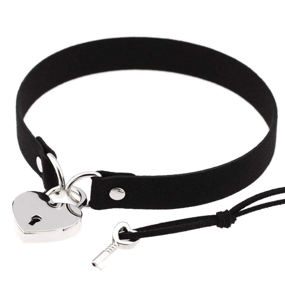 Kinky Cloth Necklace black-361180 Heart Lock Collar with Key