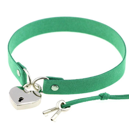 Kinky Cloth Necklace dark green Heart Lock Collar with Key
