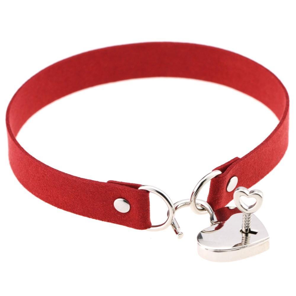 Kinky Cloth Necklace dark  red Heart Lock Collar with Key