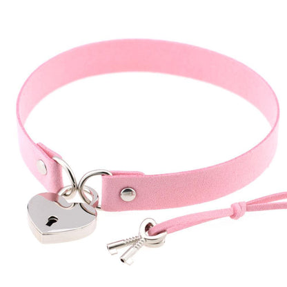 Kinky Cloth Necklace pink-200003761 Heart Lock Collar with Key