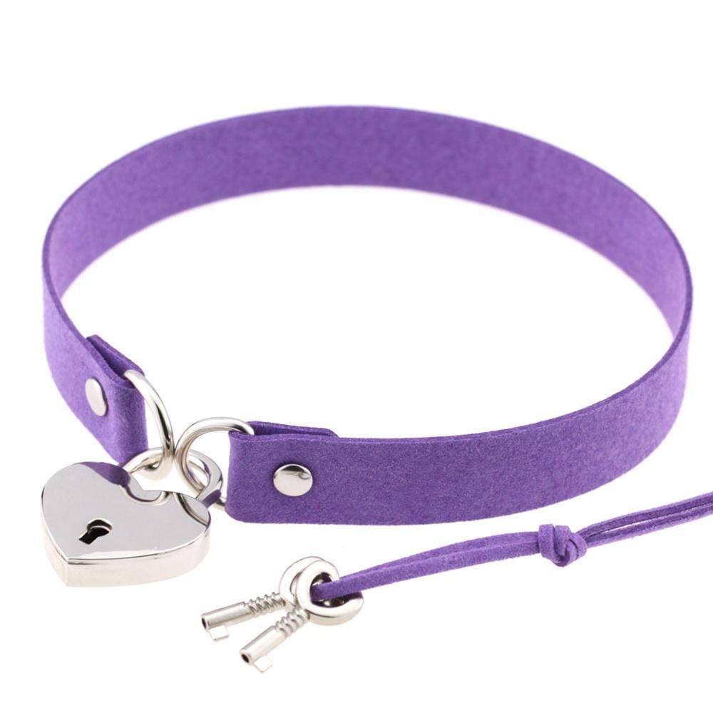 Kinky Cloth Necklace purple Heart Lock Collar with Key