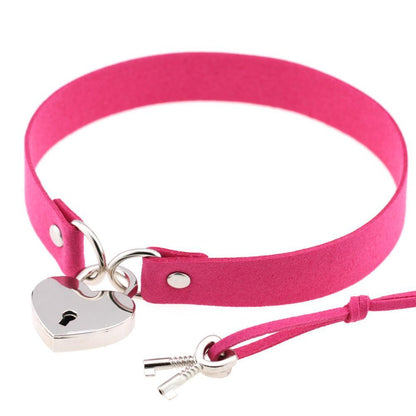 Kinky Cloth Necklace rose red Heart Lock Collar with Key