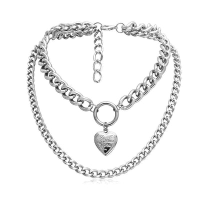 Kinky Cloth 200000162 Silver Heart Pendant Multilayer Chain Choker Necklace