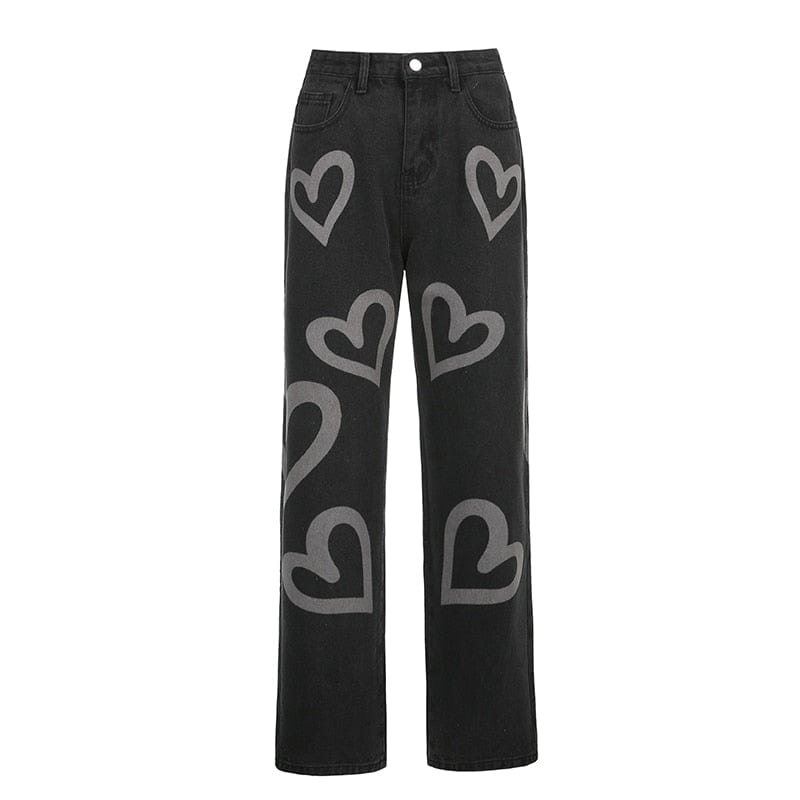 Kinky Cloth Black / S Heart Print Baggy Jeans