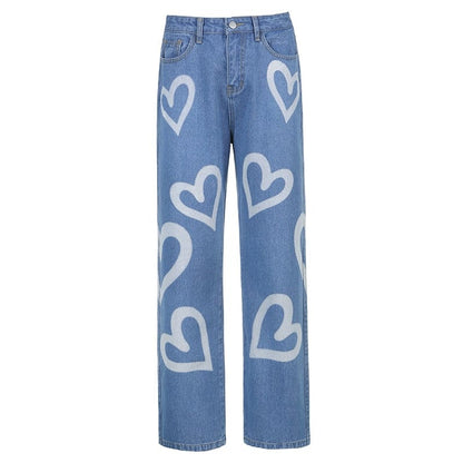 Kinky Cloth Blue / S Heart Print Baggy Jeans