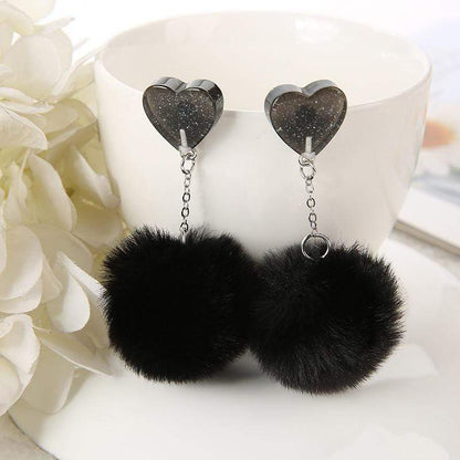 Kinky Cloth Glitter Black / China Heart Puffer Ball Earrings