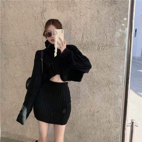 Kinky Cloth black / One Size Highneck Cropped Sweater Mini Skirt Set