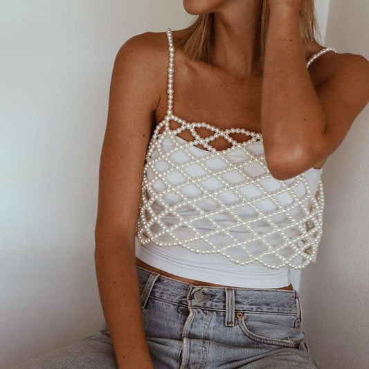Kinky Cloth Hollow Out Pearl Crop Vest