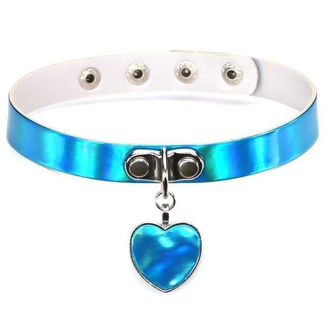 Kinky Cloth Necklace blue Holographic Heart Choker