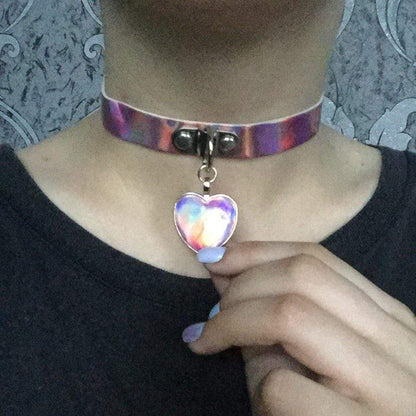 Kinky Cloth Necklace Holographic Heart Choker