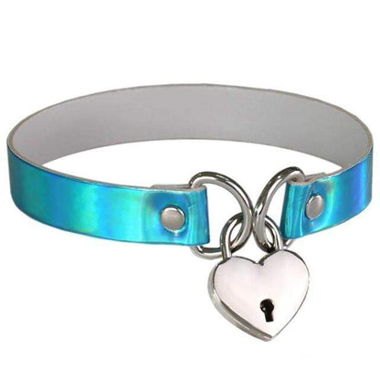 Kinky Cloth blue Holographic Heart Lock Collar