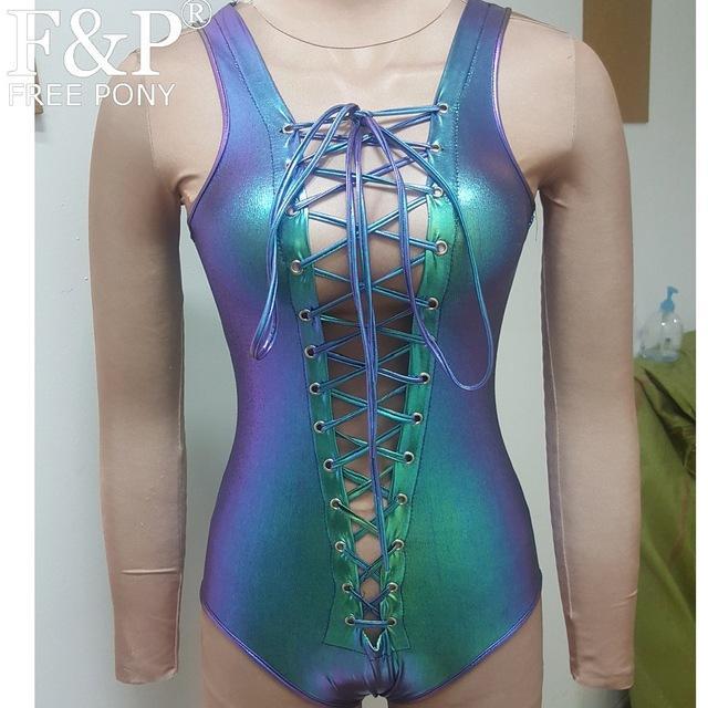 Kinky Cloth Bodysuit 8066GN / S Holographic Lace Up Body Suit