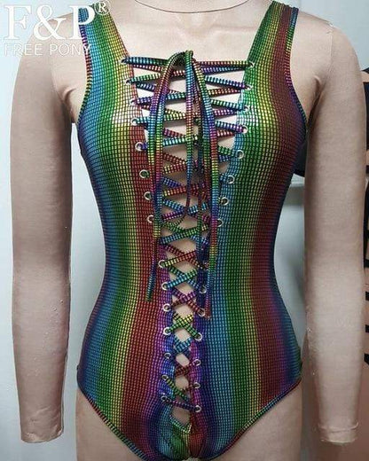 Kinky Cloth Bodysuit 8066RW / S Holographic Lace Up Body Suit