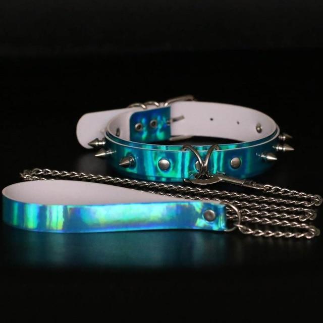 Kinky Cloth Necklace Blue Holographic Spiked Collar and Leash