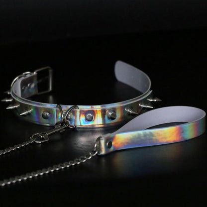 Kinky Cloth Necklace Holographic Spiked Collar and Leash