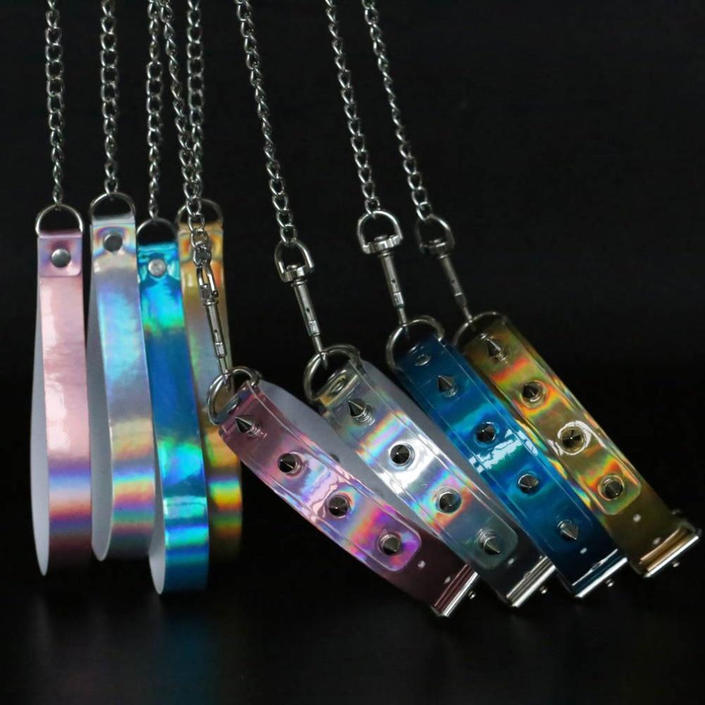 Kinky Cloth Necklace Holographic Spiked Collar and Leash